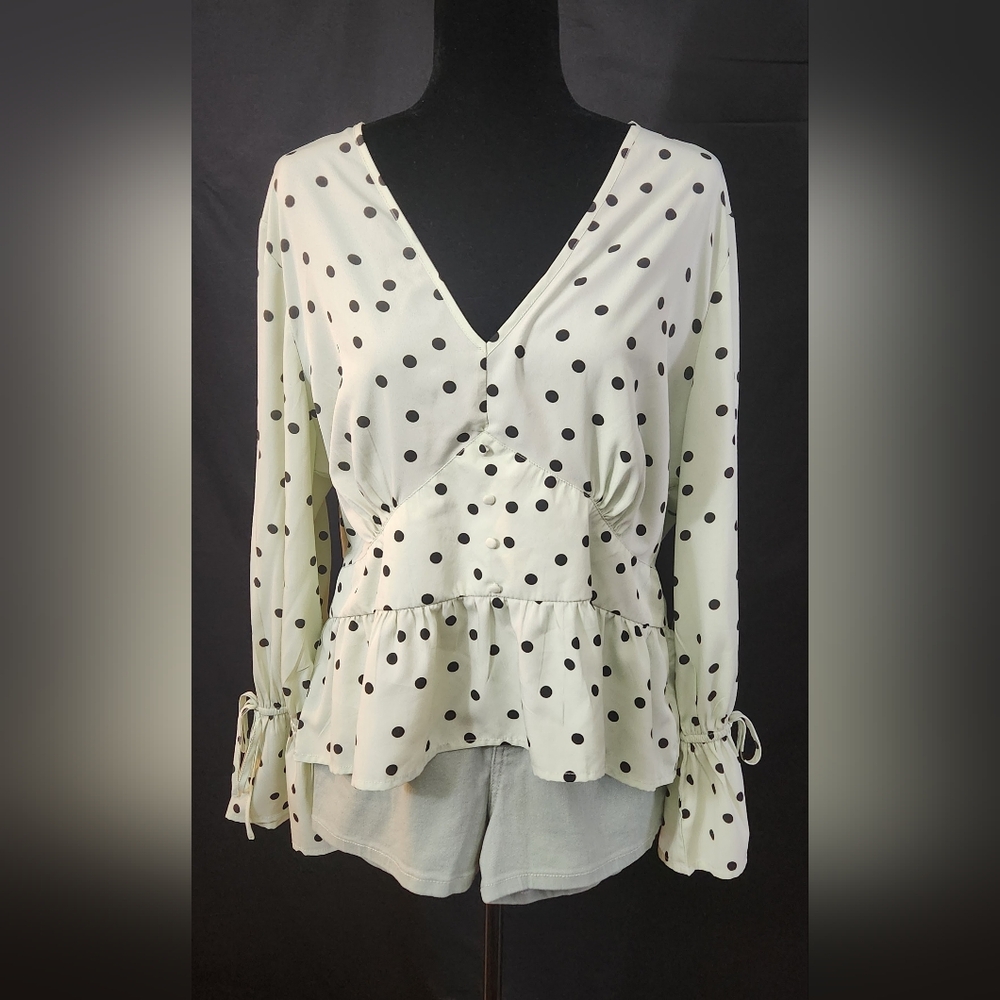 Asos Long Sleeve Polka Dot Blouse In Pistachio Si… - image 1